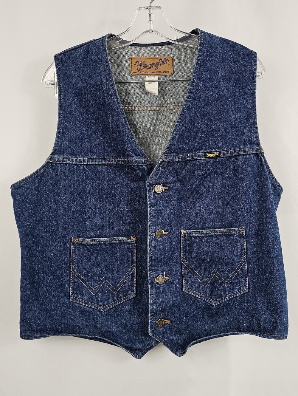 VTG 80s 90s Wrangler Men's Unlined Denim Vest Signature "W" Pocket Stitching, L